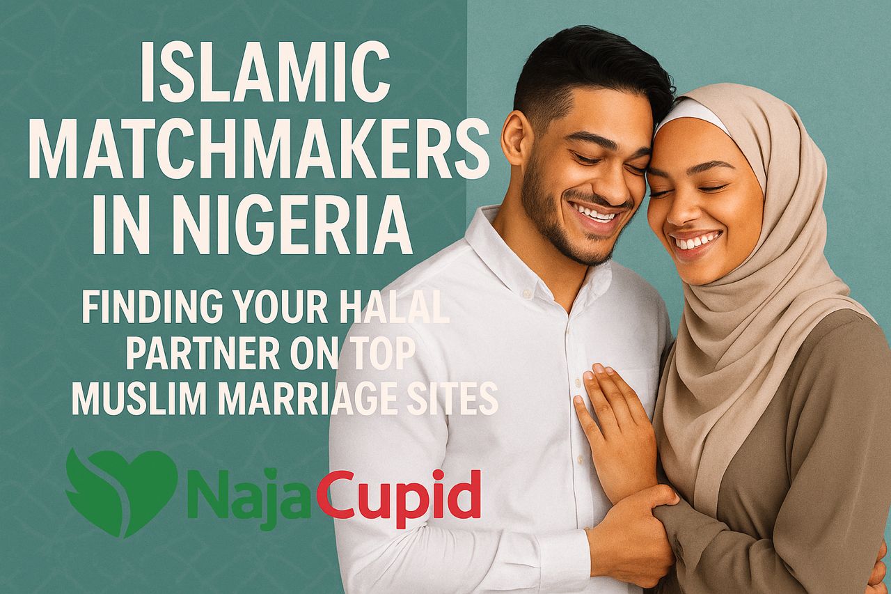A smiling Muslim couple in Nigeria standing close together, dressed modestly in neutral tones against a teal background. The text reads “Islamic Match