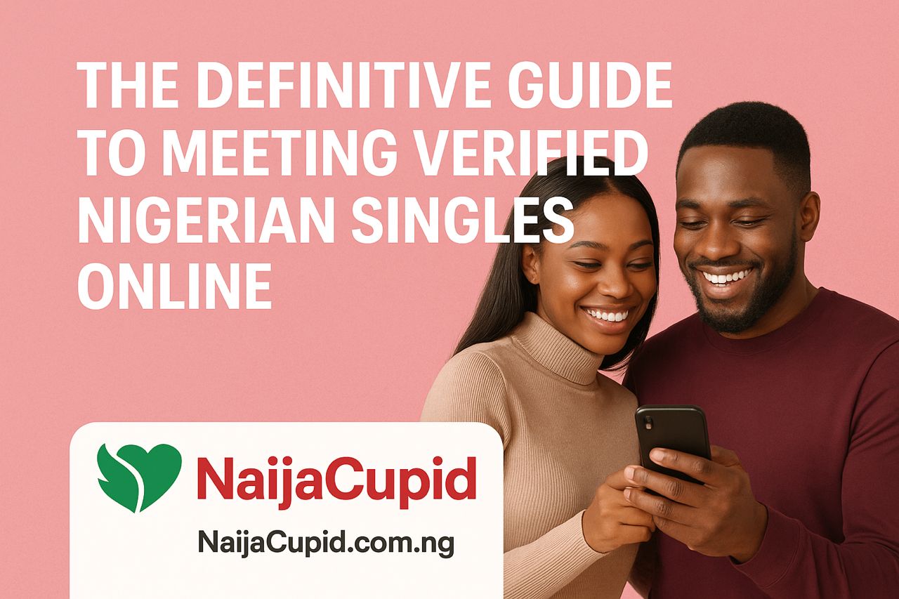 A professional Nigerian couple smiling while using their smartphones, representing verified online dating on NaijaCupid.com.ng. The graphic features t